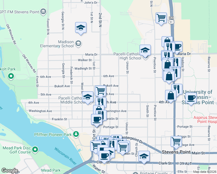 map of restaurants, bars, coffee shops, grocery stores, and more near 500 3rd Street in Stevens Point