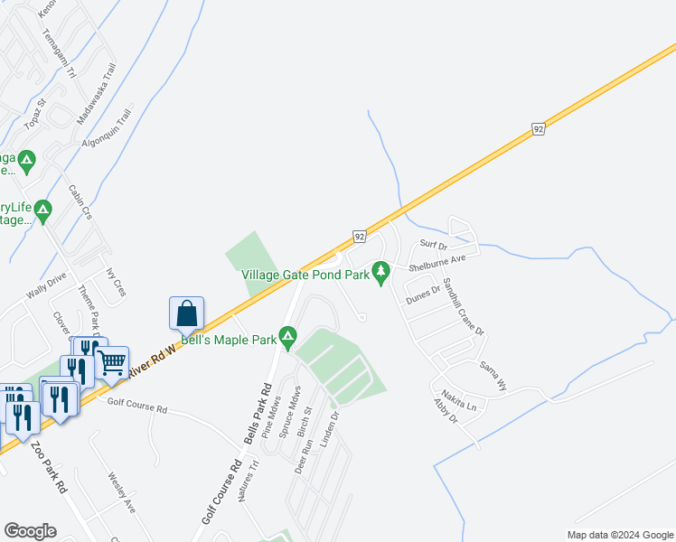 map of restaurants, bars, coffee shops, grocery stores, and more near 48 Providence Way in Wasaga Beach