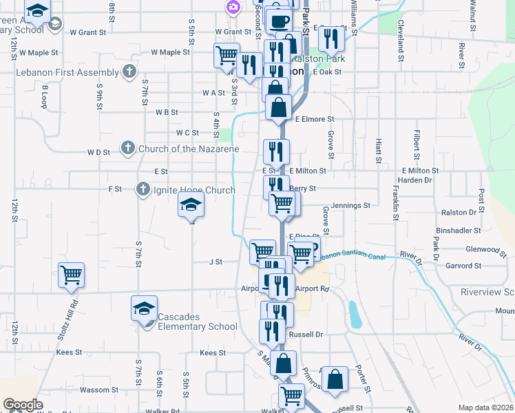 map of restaurants, bars, coffee shops, grocery stores, and more near 1652 Cooper Street in Lebanon