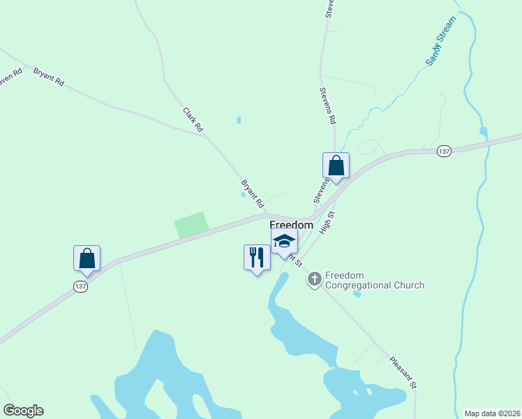 map of restaurants, bars, coffee shops, grocery stores, and more near 144 Bryant Road in Freedom