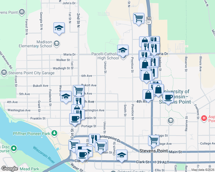map of restaurants, bars, coffee shops, grocery stores, and more near 501 Union Street in Stevens Point