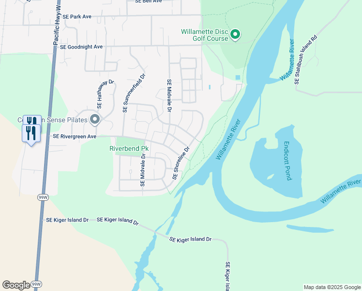 map of restaurants, bars, coffee shops, grocery stores, and more near 3418 Southeast Shoreline Drive in Corvallis