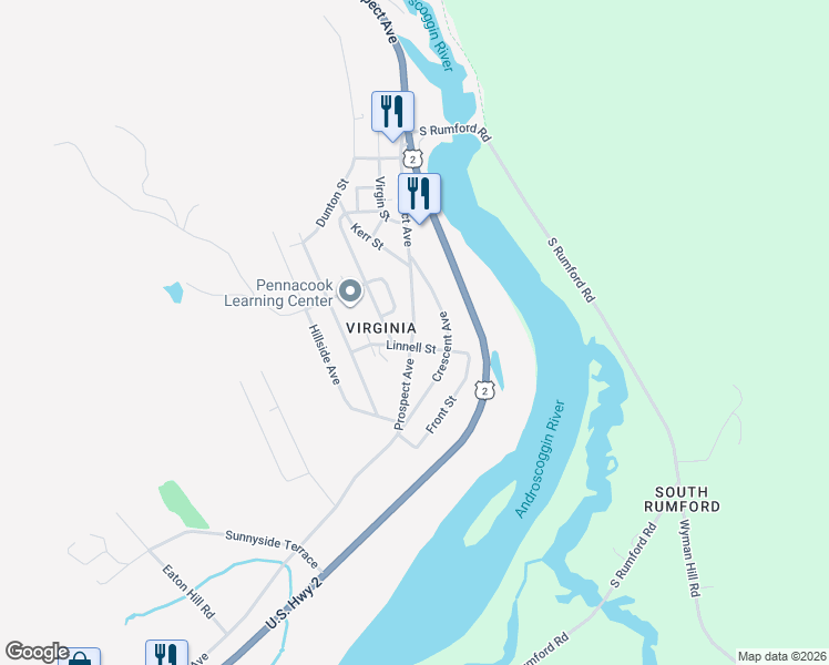 map of restaurants, bars, coffee shops, grocery stores, and more near 646 Prospect Avenue in Rumford
