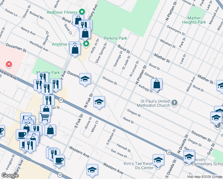 map of restaurants, bars, coffee shops, grocery stores, and more near 1420 Dousman Street in Green Bay