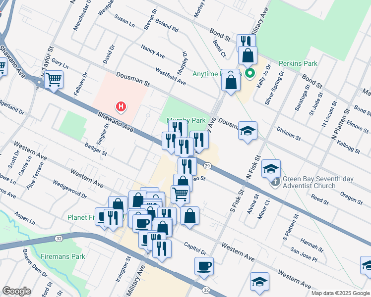map of restaurants, bars, coffee shops, grocery stores, and more near 1590 Shawano Avenue in Green Bay