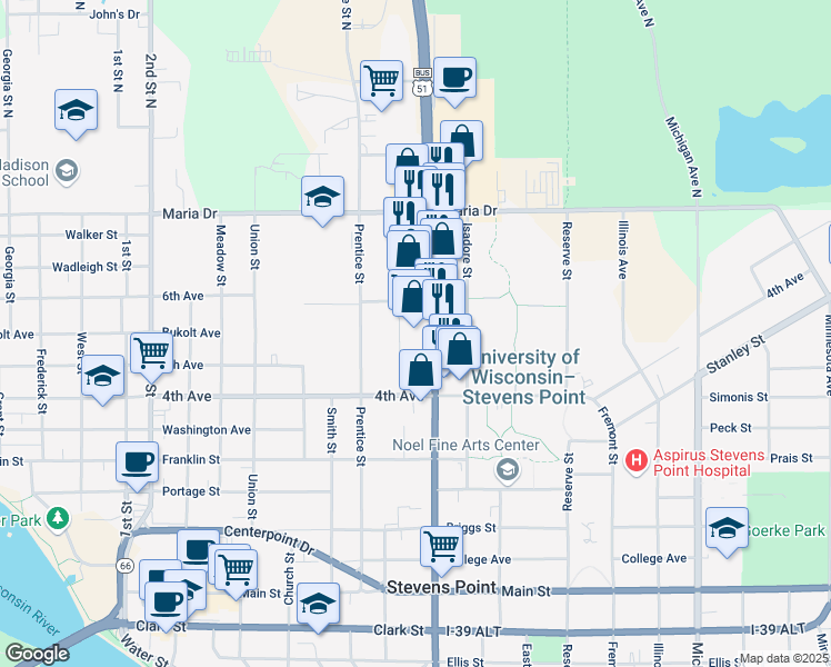 map of restaurants, bars, coffee shops, grocery stores, and more near 492 Division Street in Stevens Point
