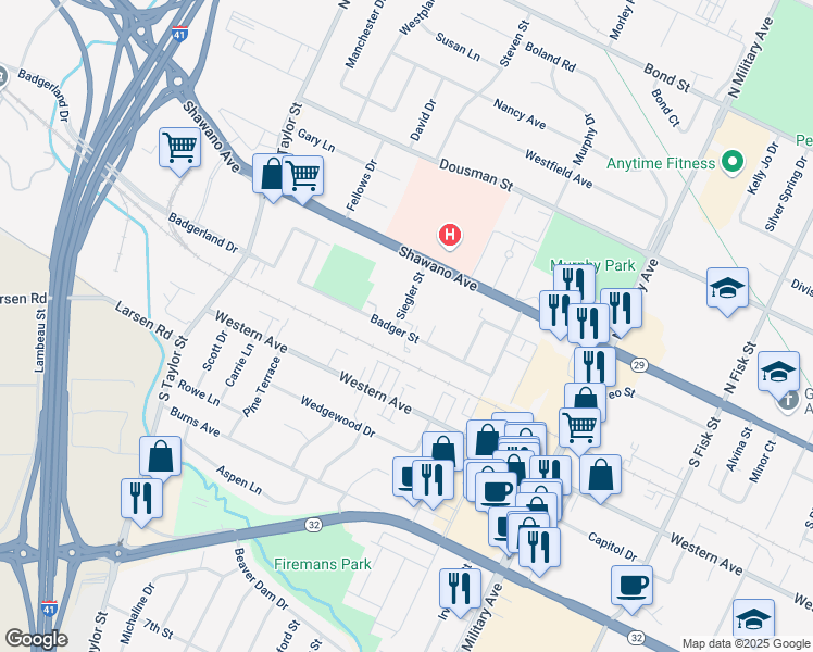 map of restaurants, bars, coffee shops, grocery stores, and more near 1730 Badger Street in Green Bay