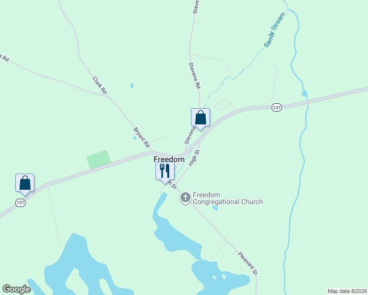 map of restaurants, bars, coffee shops, grocery stores, and more near 2 Stevens Road in Freedom