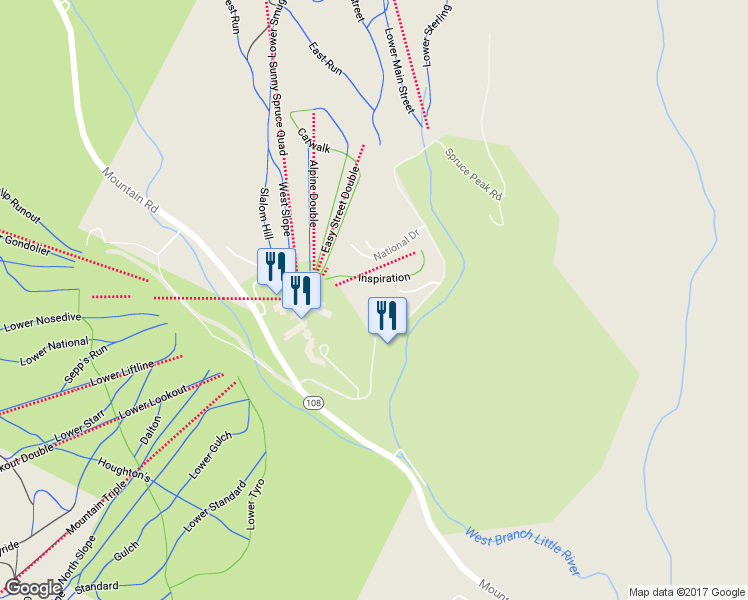 map of restaurants, bars, coffee shops, grocery stores, and more near 42 Nosedive Drive in Stowe