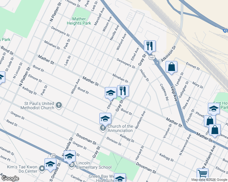 map of restaurants, bars, coffee shops, grocery stores, and more near 1118 Mather Street in Green Bay