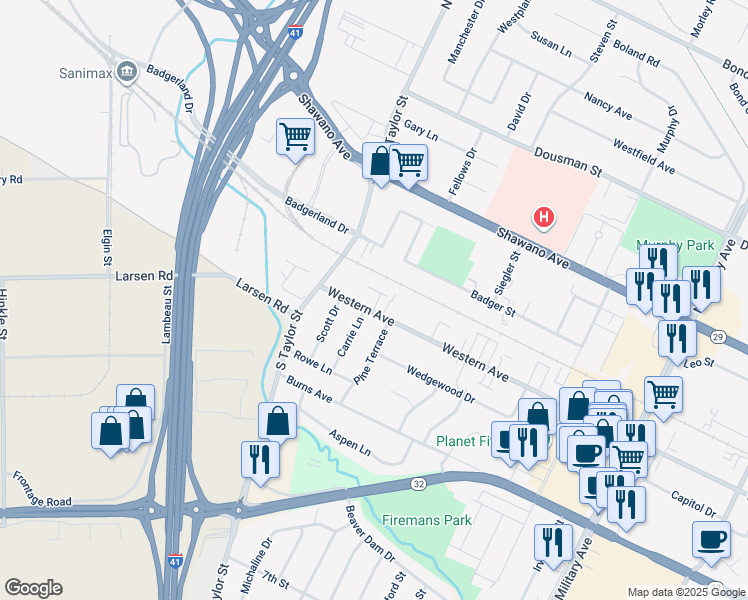 map of restaurants, bars, coffee shops, grocery stores, and more near 1846 Western Avenue in Green Bay