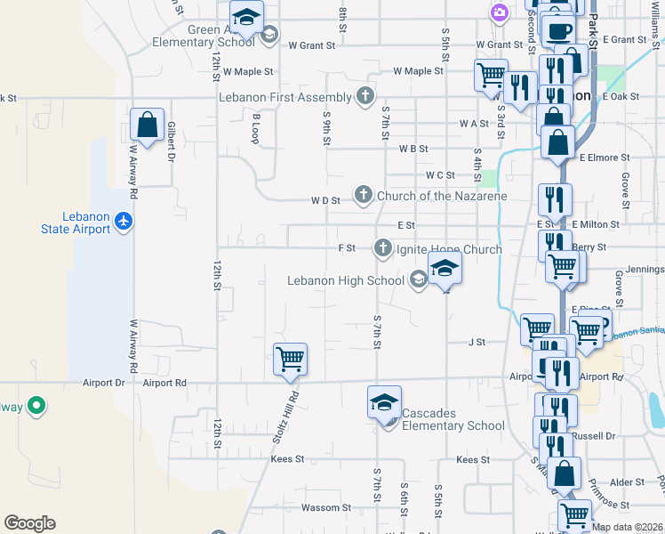 map of restaurants, bars, coffee shops, grocery stores, and more near 1603 South 9th Street in Lebanon