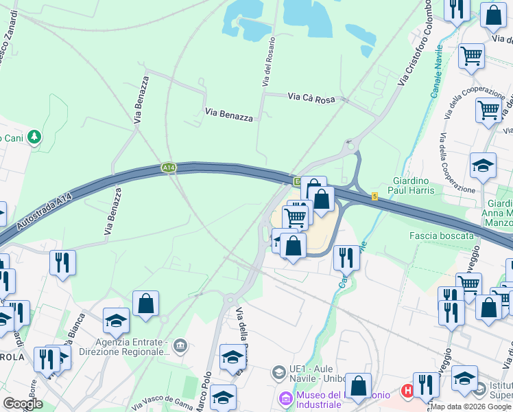 map of restaurants, bars, coffee shops, grocery stores, and more near 9 Via di Roveretolo in Bologna