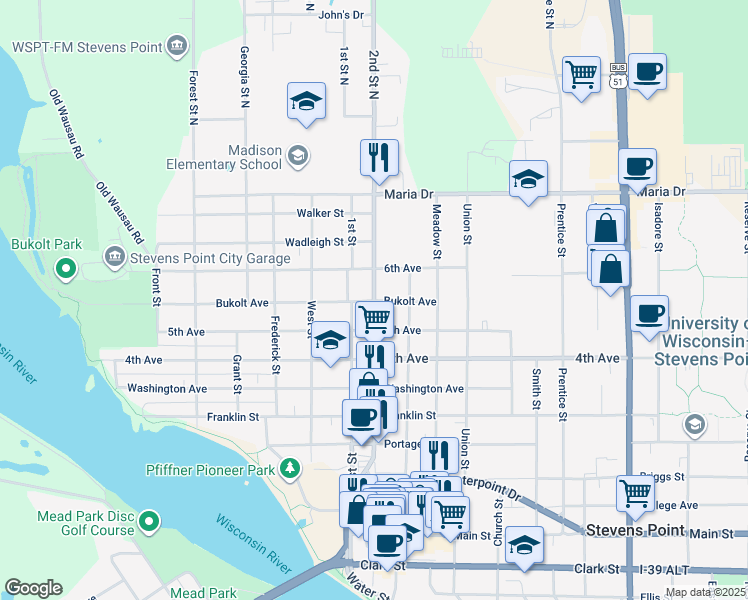 map of restaurants, bars, coffee shops, grocery stores, and more near 498 2nd Street in Stevens Point