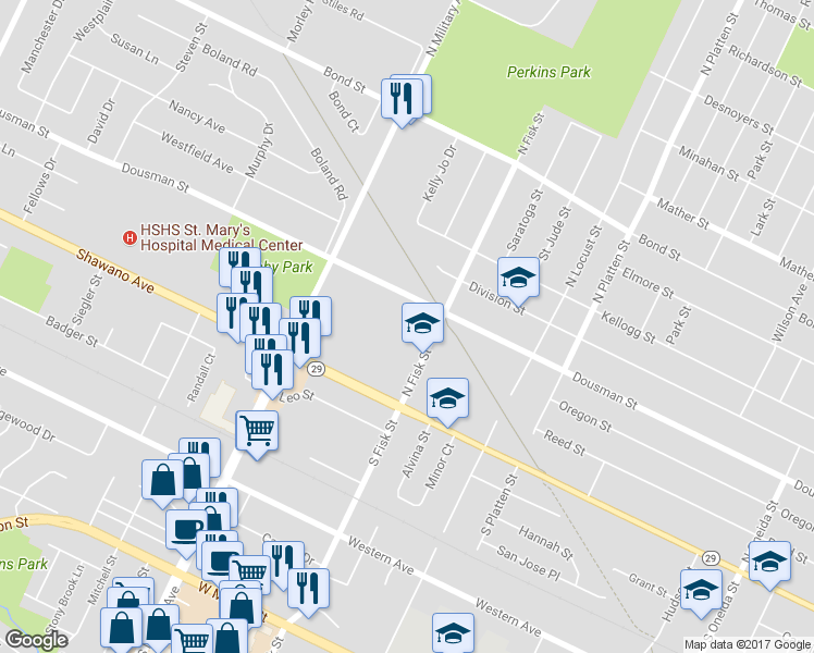 map of restaurants, bars, coffee shops, grocery stores, and more near 205 North Fisk Street in Green Bay