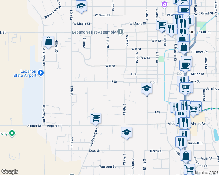 map of restaurants, bars, coffee shops, grocery stores, and more near 1607 South 9th Street in Lebanon