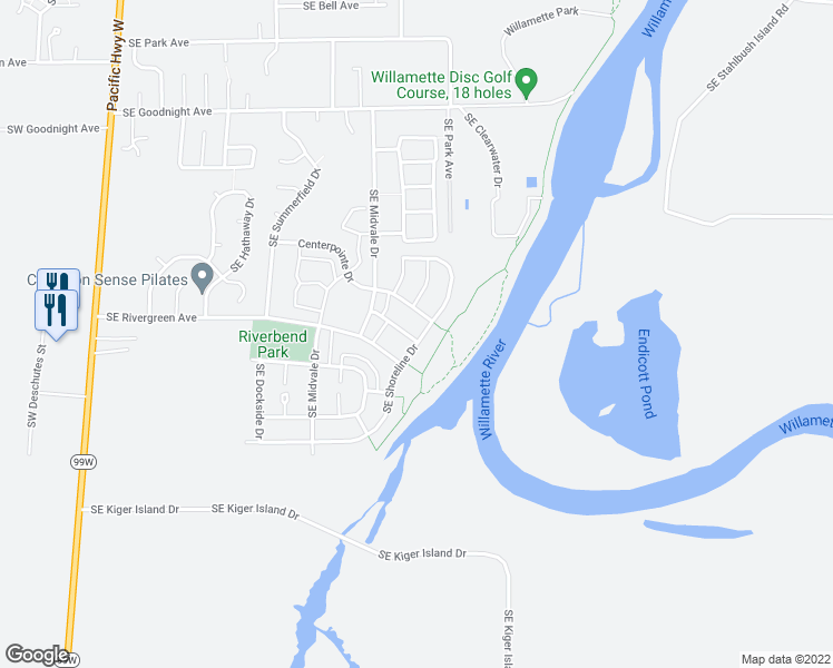 map of restaurants, bars, coffee shops, grocery stores, and more near 3418 Southeast Shoreline Drive in Corvallis