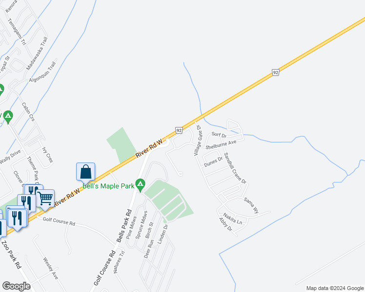 map of restaurants, bars, coffee shops, grocery stores, and more near Providence Way in Wasaga Beach