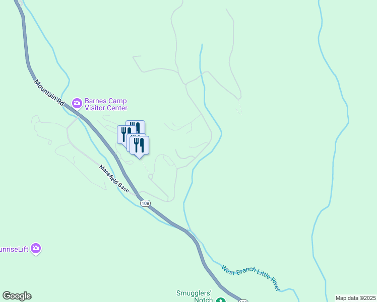 map of restaurants, bars, coffee shops, grocery stores, and more near 42 Nosedive Drive in Stowe