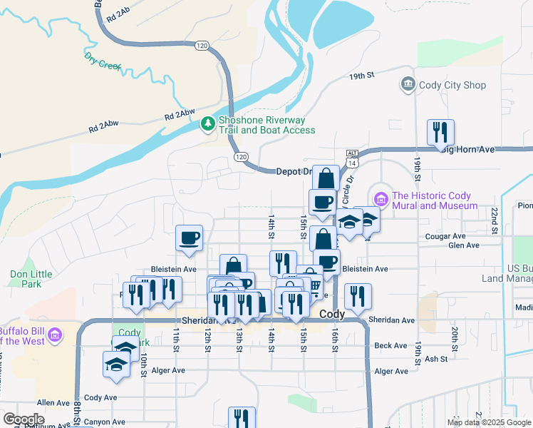 map of restaurants, bars, coffee shops, grocery stores, and more near 1343 Wyoming Avenue in Cody