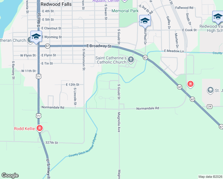 map of restaurants, bars, coffee shops, grocery stores, and more near 402 Aspenwood Drive in Redwood Falls