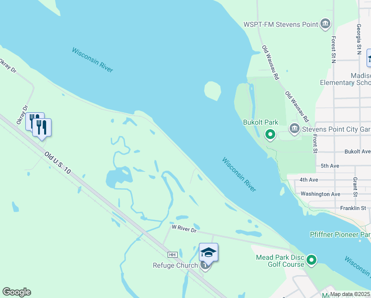 map of restaurants, bars, coffee shops, grocery stores, and more near in Stevens Point