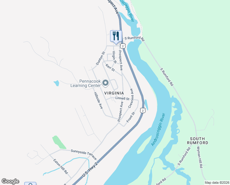 map of restaurants, bars, coffee shops, grocery stores, and more near 801 Grove Avenue in Rumford