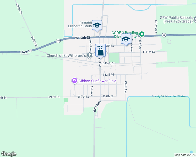 map of restaurants, bars, coffee shops, grocery stores, and more near 820 1st Avenue in Gibbon
