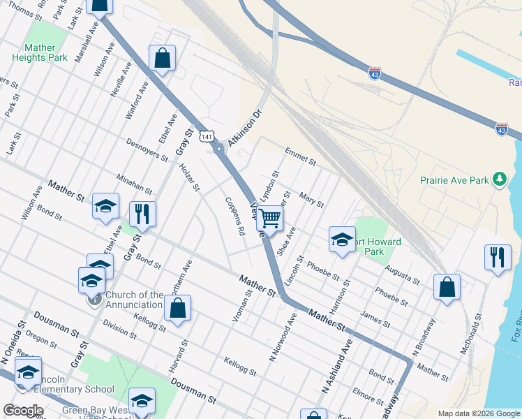 map of restaurants, bars, coffee shops, grocery stores, and more near 922 Lyndon Street in Green Bay