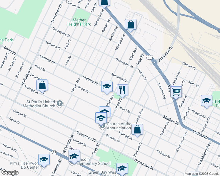 map of restaurants, bars, coffee shops, grocery stores, and more near 1118 Mather Street in Green Bay