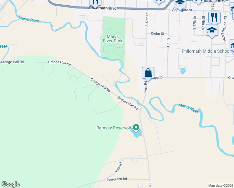 map of restaurants, bars, coffee shops, grocery stores, and more near 25159 Grange Hall Road in Philomath