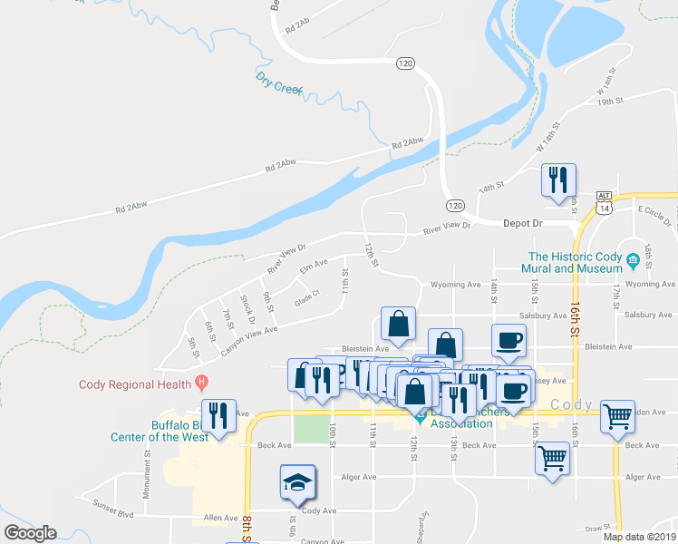 map of restaurants, bars, coffee shops, grocery stores, and more near 613 11th Street in Cody