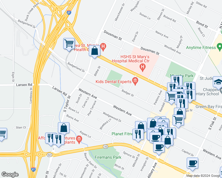 map of restaurants, bars, coffee shops, grocery stores, and more near 1800 Western Avenue in Green Bay