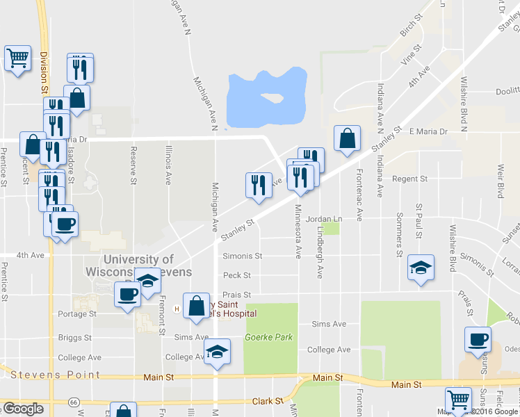 map of restaurants, bars, coffee shops, grocery stores, and more near 2600 Stanley Street in Stevens Point