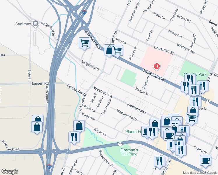 map of restaurants, bars, coffee shops, grocery stores, and more near 1842 Western Avenue in Green Bay