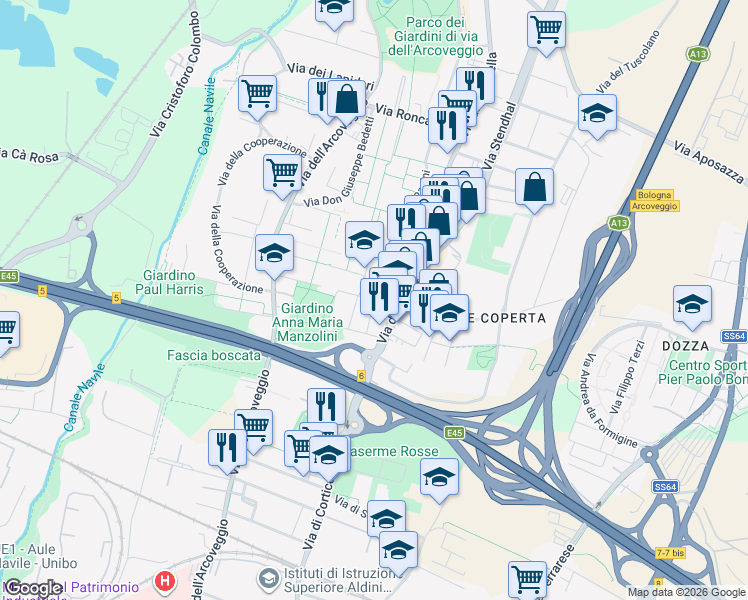 map of restaurants, bars, coffee shops, grocery stores, and more near 180/44 Via di Corticella in Bologna