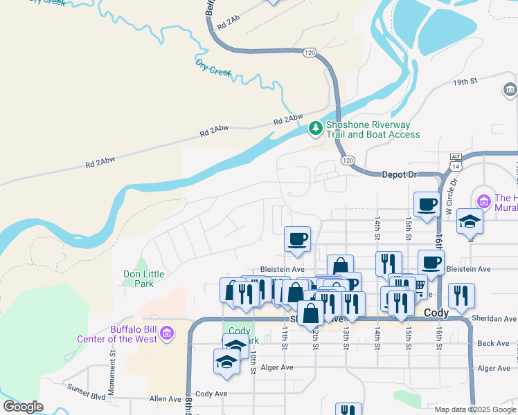 map of restaurants, bars, coffee shops, grocery stores, and more near 613 11th Street in Cody