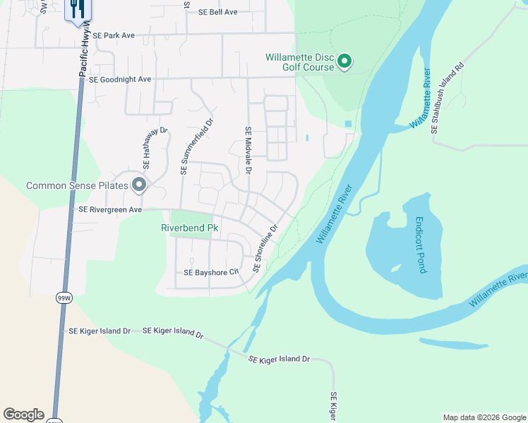 map of restaurants, bars, coffee shops, grocery stores, and more near 3418 Southeast Shoreline Drive in Corvallis