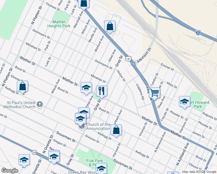 map of restaurants, bars, coffee shops, grocery stores, and more near 721 Roy Avenue in Green Bay