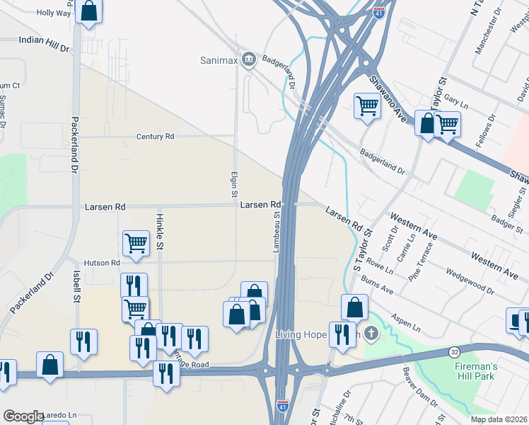map of restaurants, bars, coffee shops, grocery stores, and more near 526 Lambeau Street in Green Bay