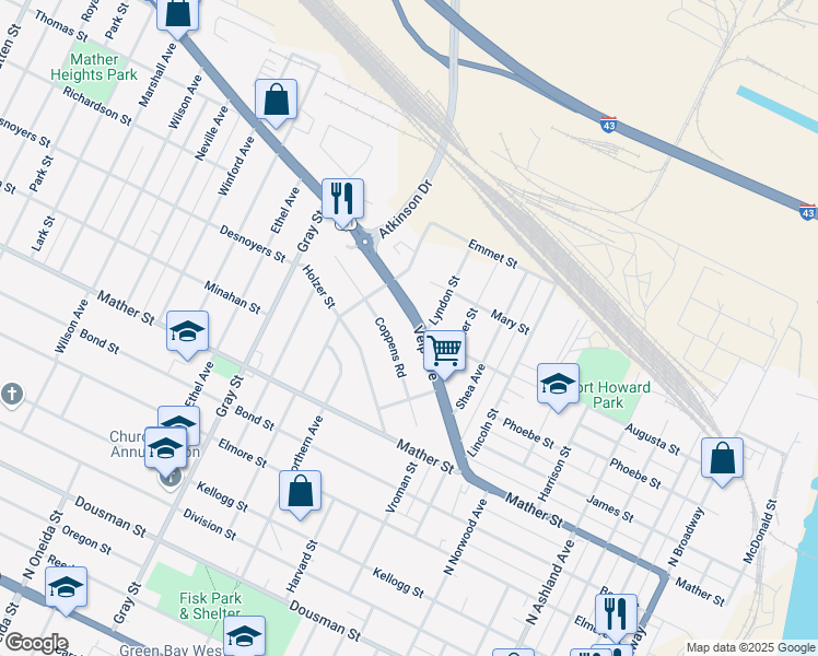 map of restaurants, bars, coffee shops, grocery stores, and more near 967 Velp Avenue in Green Bay