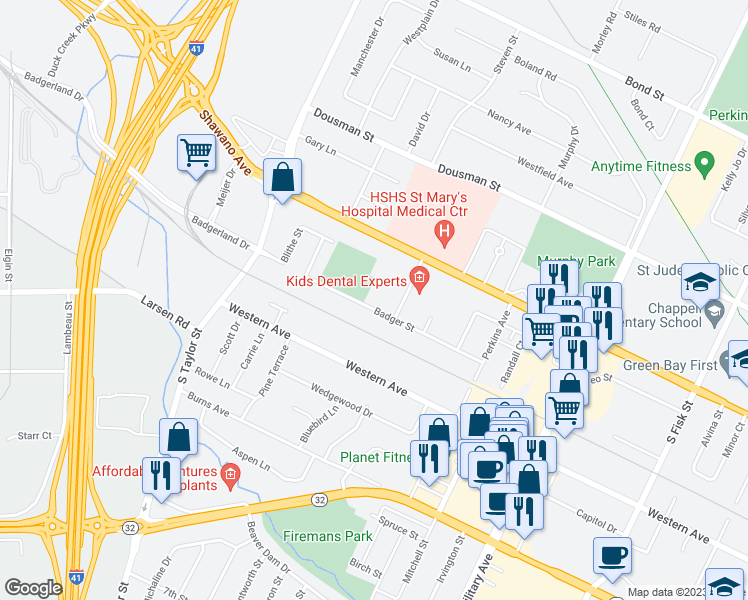 map of restaurants, bars, coffee shops, grocery stores, and more near 1760 Badger Street in Green Bay