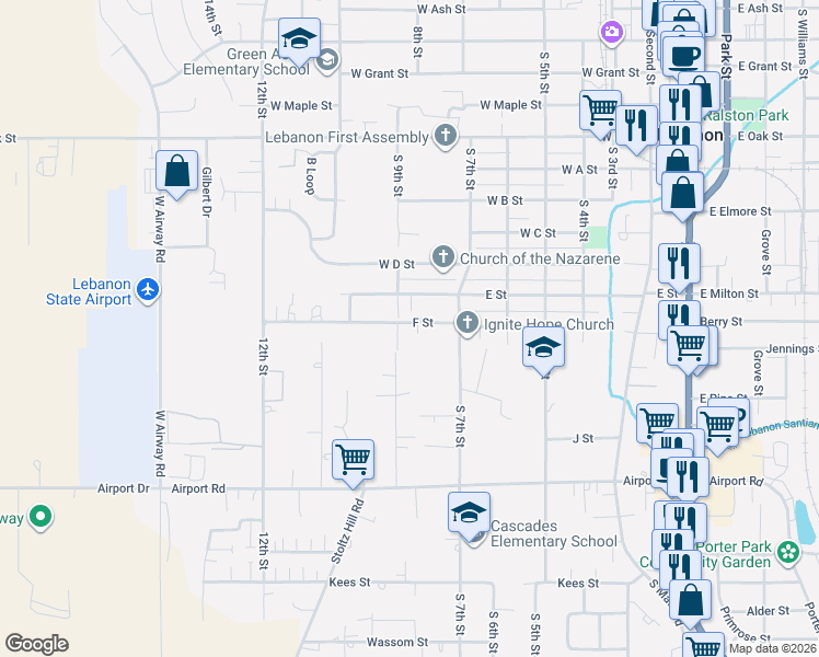 map of restaurants, bars, coffee shops, grocery stores, and more near 670 F Street in Lebanon