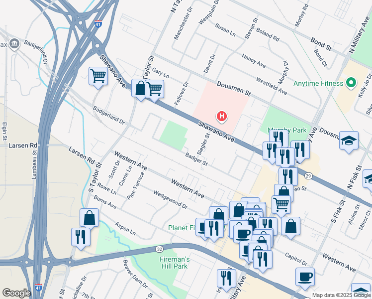 map of restaurants, bars, coffee shops, grocery stores, and more near 1763 Badger Street in Green Bay