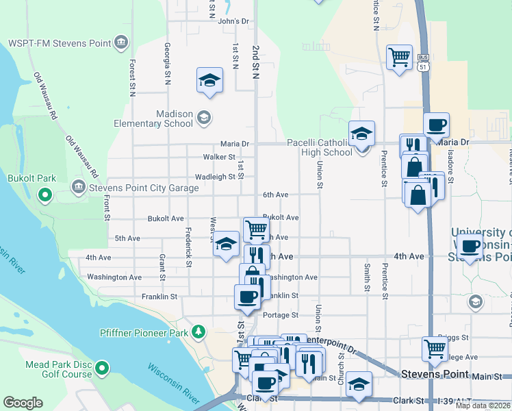 map of restaurants, bars, coffee shops, grocery stores, and more near 2nd Street in Stevens Point