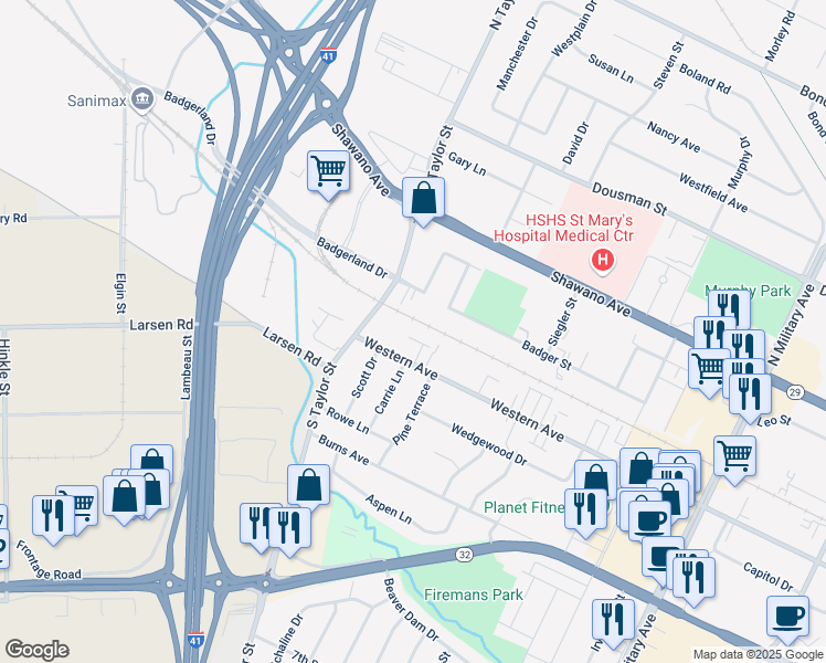 map of restaurants, bars, coffee shops, grocery stores, and more near 1850 Western Avenue in Green Bay