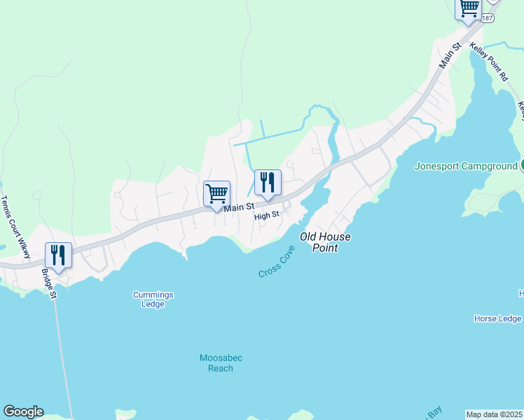 map of restaurants, bars, coffee shops, grocery stores, and more near 15 High Street in Jonesport