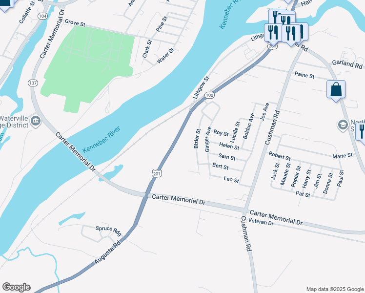 map of restaurants, bars, coffee shops, grocery stores, and more near 300 Augusta Road in Winslow