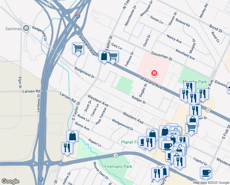 map of restaurants, bars, coffee shops, grocery stores, and more near 1800 Western Avenue in Green Bay