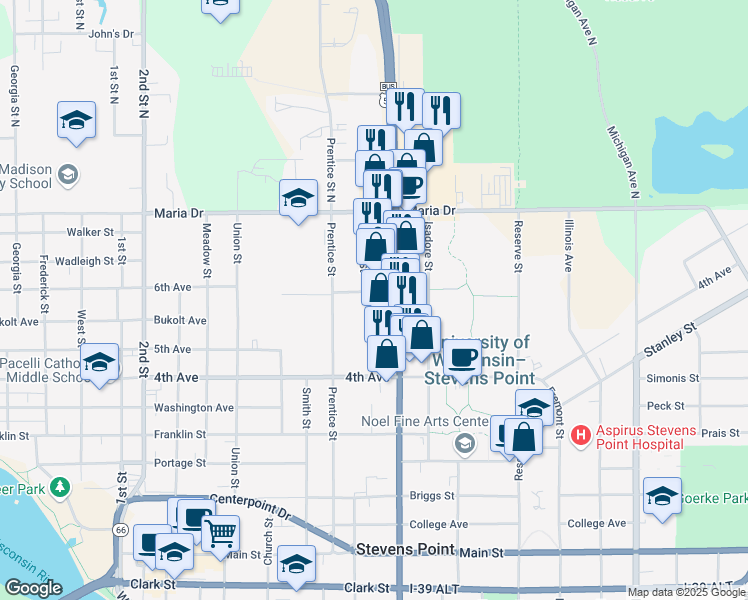 map of restaurants, bars, coffee shops, grocery stores, and more near 492 Division Street in Stevens Point